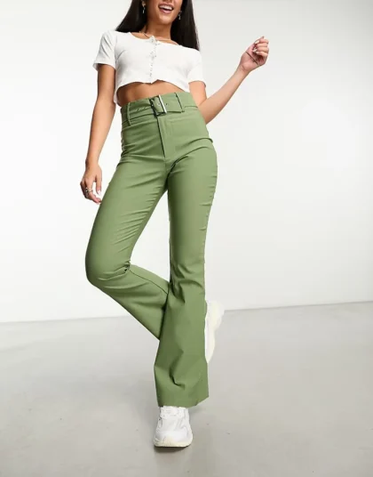 Daisy Street High Waisted Bengaline Trousers With Belt In Sage Co-ord For Women
