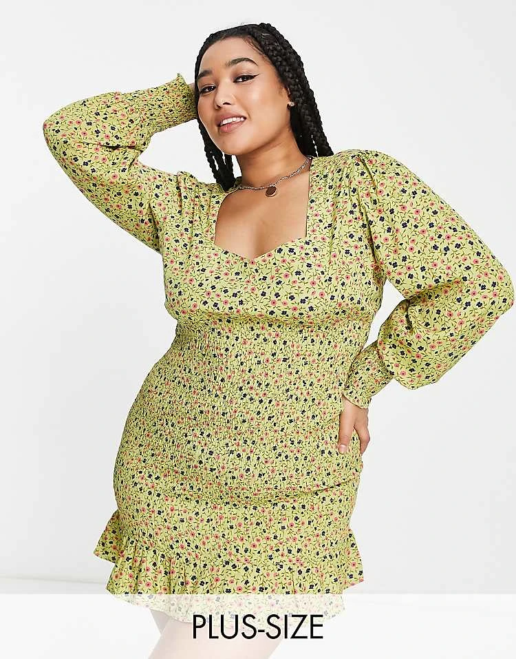 Daisy Street Plus Square Neck Shirred Mini Dress In Khaki Ditsy For Women Khaki Floral 5 Daisy Street Plus Square Neck Shirred Mini Dress In Khaki Ditsy For Women Khaki Floral - Image 5