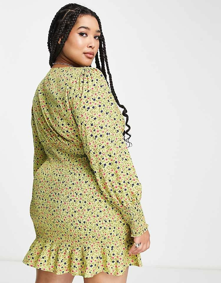 Daisy Street Plus Square Neck Shirred Mini Dress In Khaki Ditsy For Women Khaki Floral 2 Daisy Street Plus Square Neck Shirred Mini Dress In Khaki Ditsy For Women Khaki Floral - Image 2