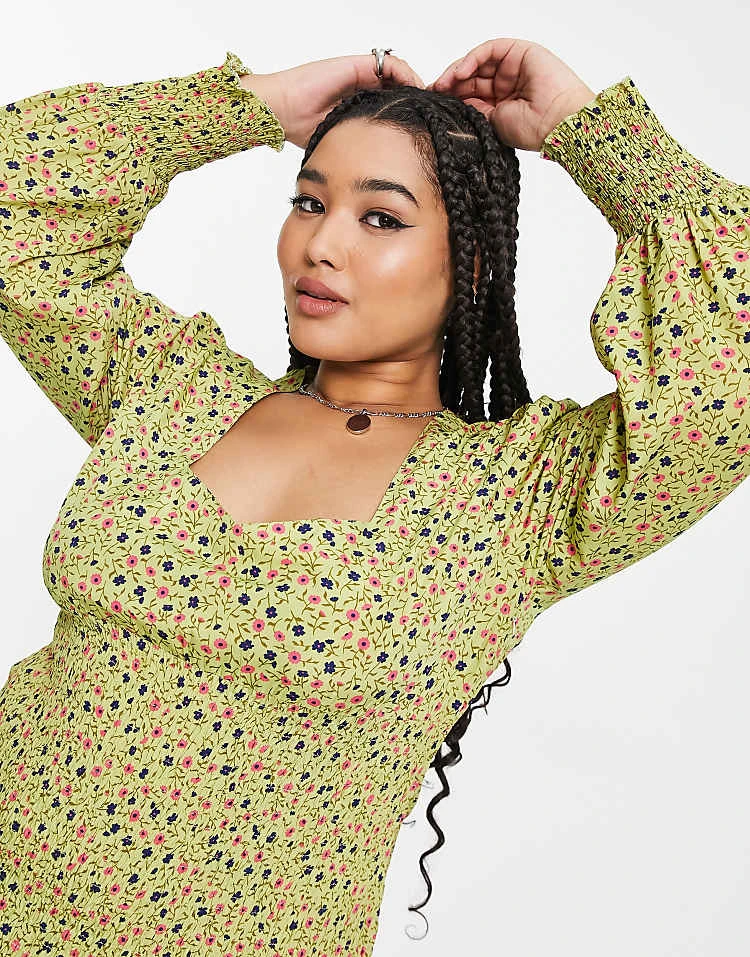 Daisy Street Plus Square Neck Shirred Mini Dress In Khaki Ditsy For Women Khaki Floral 3 Daisy Street Plus Square Neck Shirred Mini Dress In Khaki Ditsy For Women Khaki Floral - Image 3