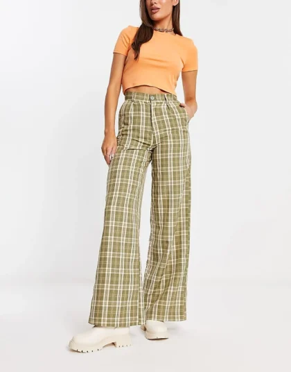 Daisy Street Wide Leg Trousers In Vintage Green Check For Women