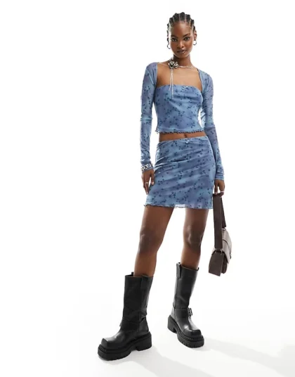 Daisy Street Bow Detail Mini Skirt In Blue Floral Mesh Co-ord For Women