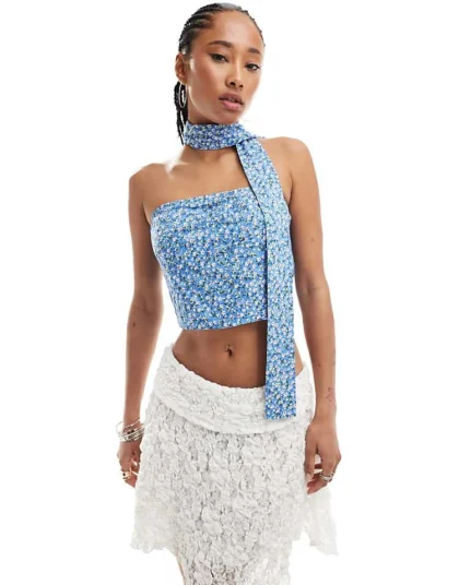 Daisy Street Boobtube Top With Scarf In Blue Ditsy For Women