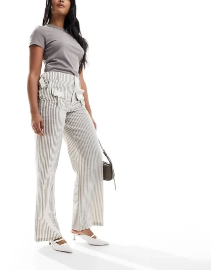 Daisy Street Low Rise Y2K Trousers In Khaki Stripe With Pocket Buckle Detail For Women