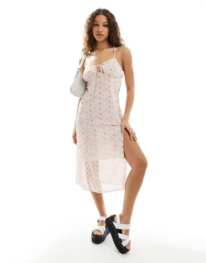 Daisy Street Cross Back Midi Cami Dress In Pink Ditsy Print For Women Multi