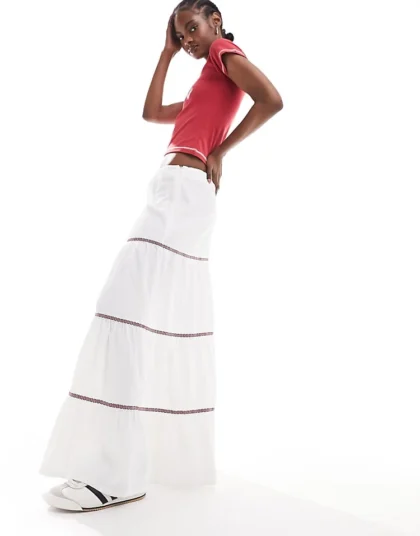 Daisy Street Low Rise Maxi Boho Skirt In White With Lace Trim For Women