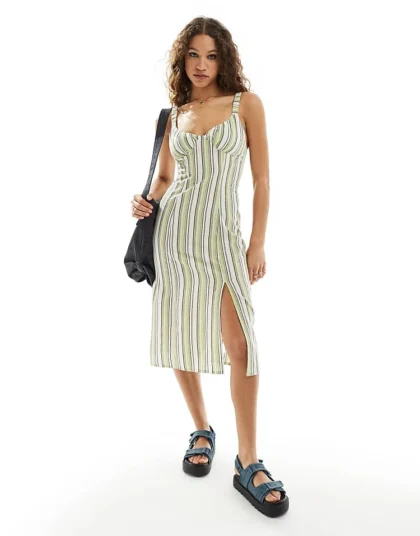 Daisy Street Elasticated Strap Ruched Bust Midi Dress In Green Stripe For Women