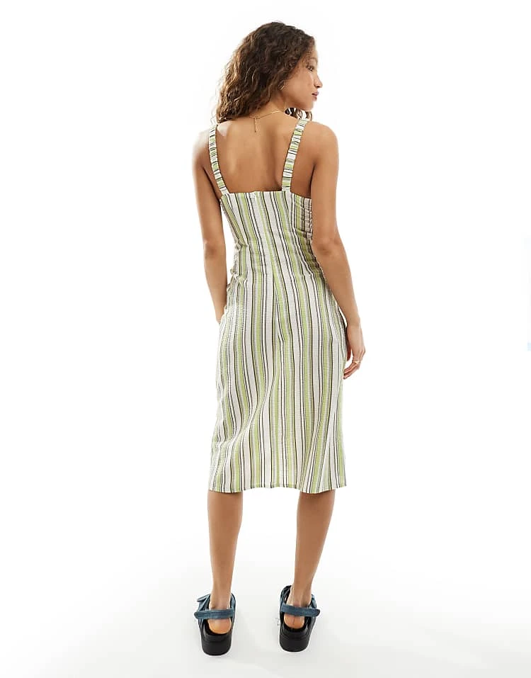 Daisy Street Elasticated Strap Ruched Bust Midi Dress In Green Stripe For Women 2 Daisy Street Elasticated Strap Ruched Bust Midi Dress In Green Stripe For Women - Image 2