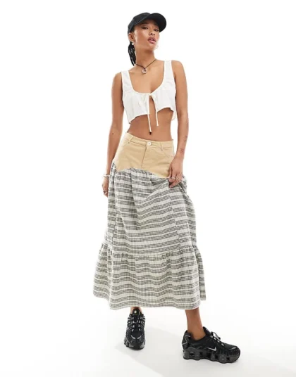 Daisy Street Mixed Midi Prairie Skirt In Check For Women Multi