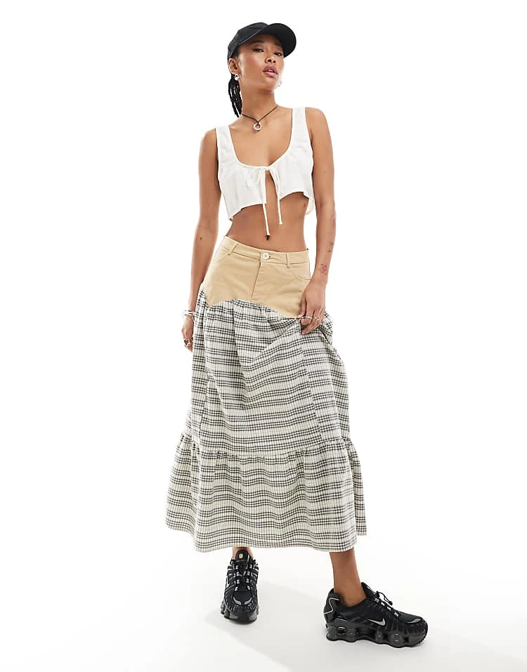 Daisy Street Mixed Midi Prairie Skirt In Check For Women Multi 1 Daisy Street Mixed Midi Prairie Skirt In Check For Women Multi