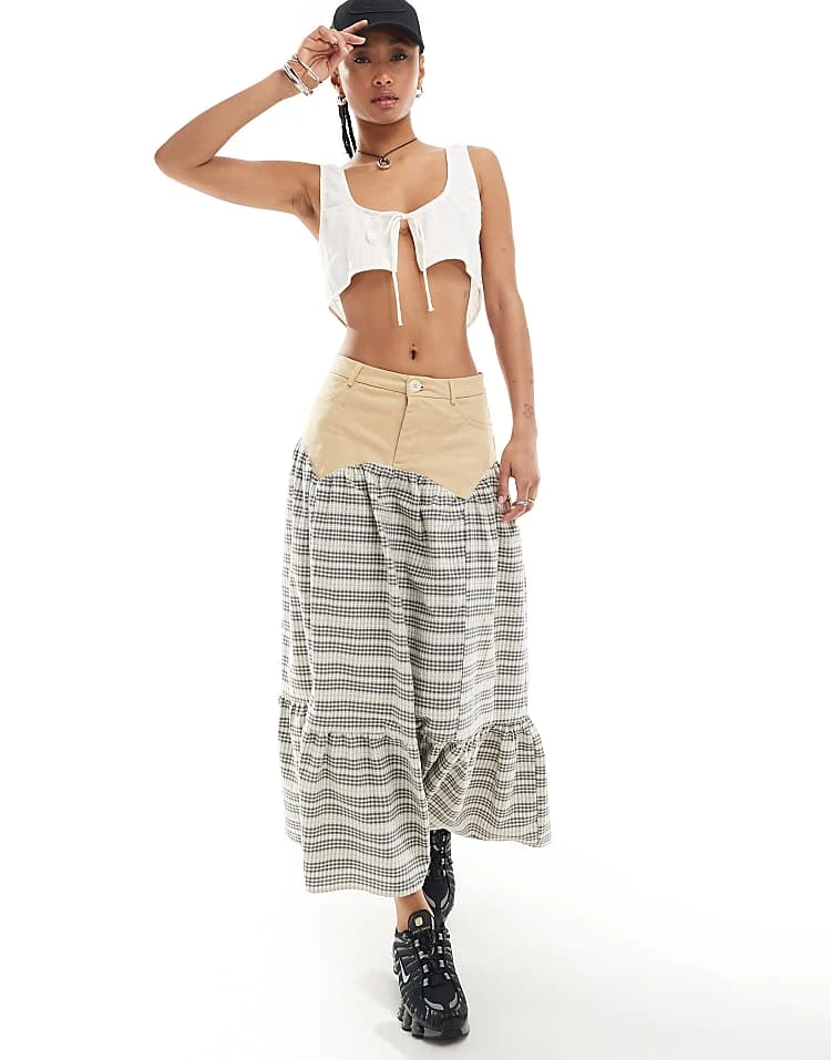 Daisy Street Mixed Midi Prairie Skirt In Check For Women Multi 3 Daisy Street Mixed Midi Prairie Skirt In Check For Women Multi - Image 3