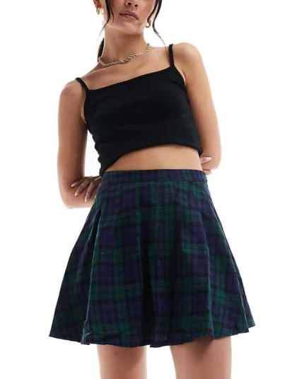 Daisy Street Pleated Mini Skirt In Retro Check For Women Gingham Blue