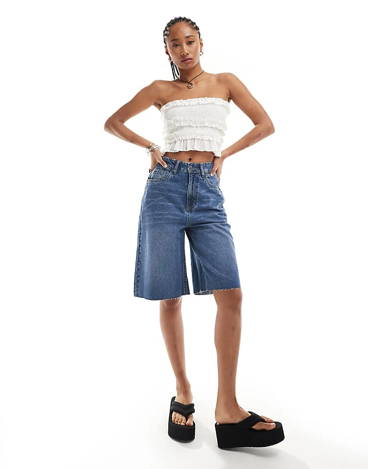 Daisy Street Relaxed Denim Jorts In Mid Blue For Women 6 Daisy Street Relaxed Denim Jorts In Mid Blue For Women - Image 6