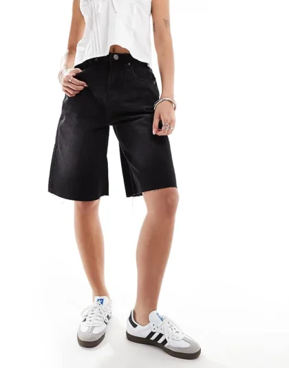 Daisy Street Relaxed Denim Jorts In Washed Black For Women