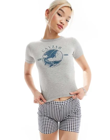Daisy Street Fitted Baby T-shirt With Vintage Graphic In Grey Marl For Women Grey Marle