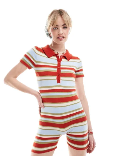 Daisy Street Short Sleeve Button Up Knitted Romper In Multi Stripe For Women