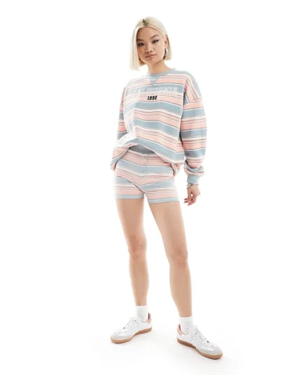 Daisy Street Boxer Style Button Front Shorts Co-ord In Pink Blue Stripe For Women