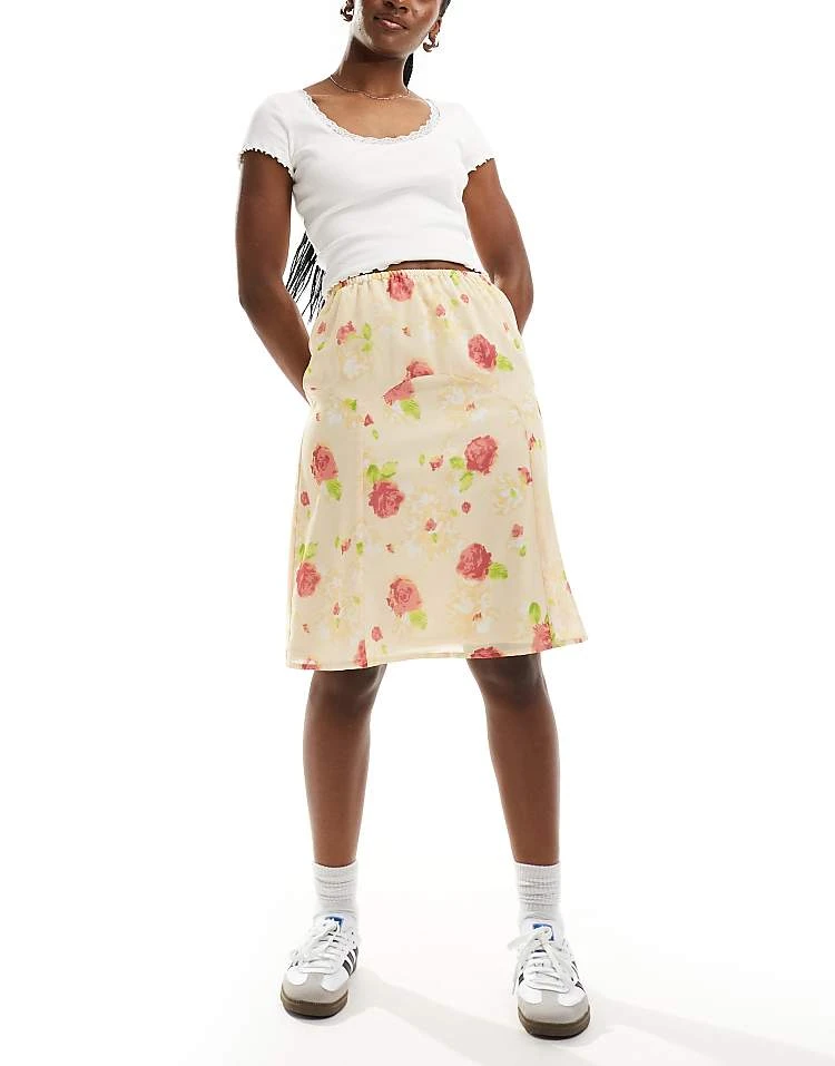 Daisy Street Vintage Rose Print Awkward Length Skirt In Multi For Women Yellow Pink 4 Daisy Street Vintage Rose Print Awkward Length Skirt In Multi For Women Yellow Pink - Image 4