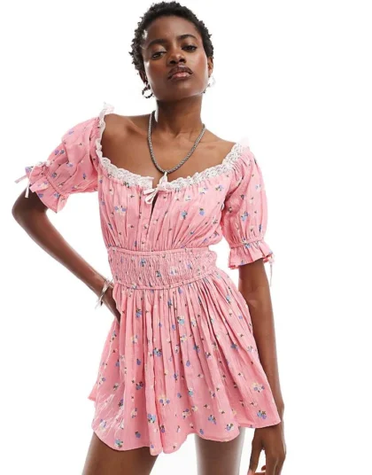 Daisy Street Vintage Style Tie Detail Smock Playsuit In Pink Ditsy For Women