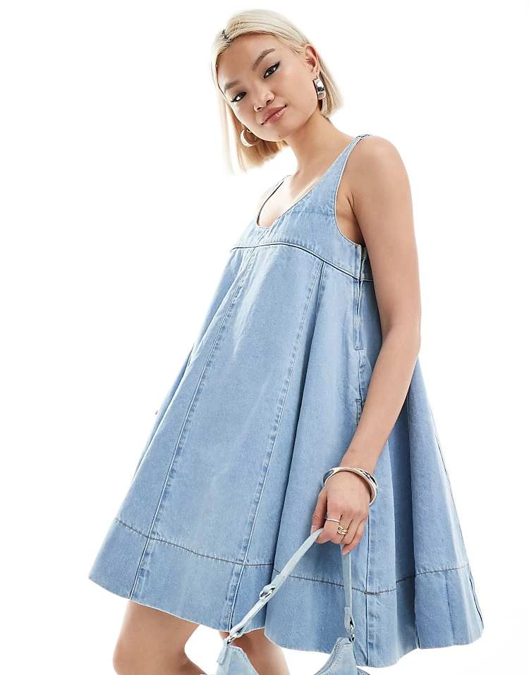 Daisy Street Scoop Neck Flared Babydoll Mini Dress In Blue Denim For Women 3 Daisy Street Scoop Neck Flared Babydoll Mini Dress In Blue Denim For Women - Image 3