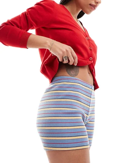 Daisy Street Ribbed Mid Rise Fitted Shorts In Multi Stripe For Women