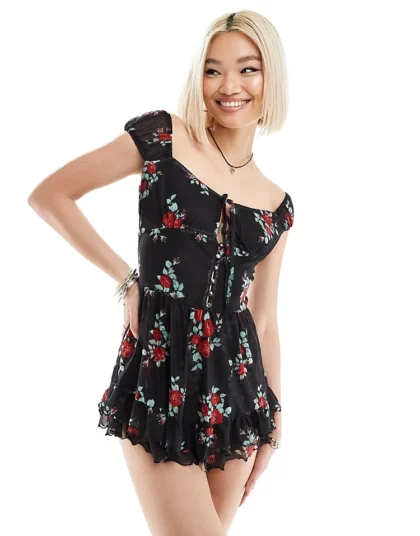 Daisy Street Cap Sleeve Tie Front Flippy Mesh Playsuit In Black Rose For Women Multi Rose
