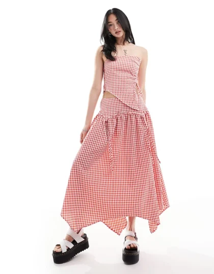Daisy Street Hanky Hem Midi Skirt Co-ord In Red Gingham For Women