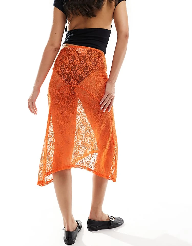 Daisy Street Drop Hem Midi Skirt In Orange Lace For Women 2 Daisy Street Drop Hem Midi Skirt In Orange Lace For Women - Image 2