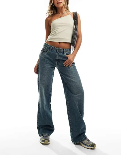 Daisy Street Low Rise Boyfriend Jeans In Blue Vintage Wash For Women