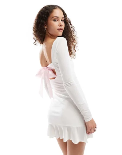 Daisy Street Contrast Pink Ribbon Tie Back Mini Dress In Ivory For Women