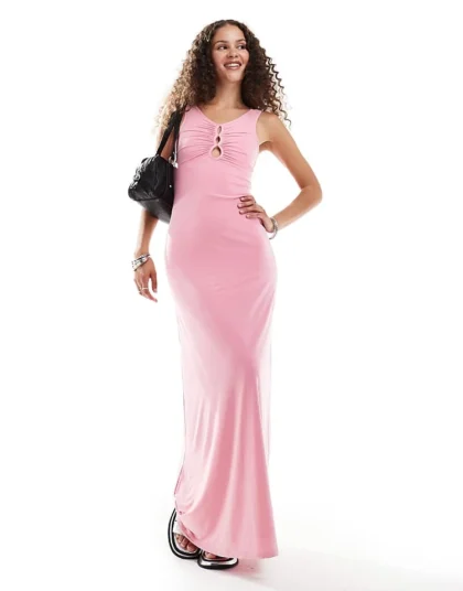 Daisy Street Cut Out Scoop Neck Maxi Dress In Bubble Gum Pink For Women