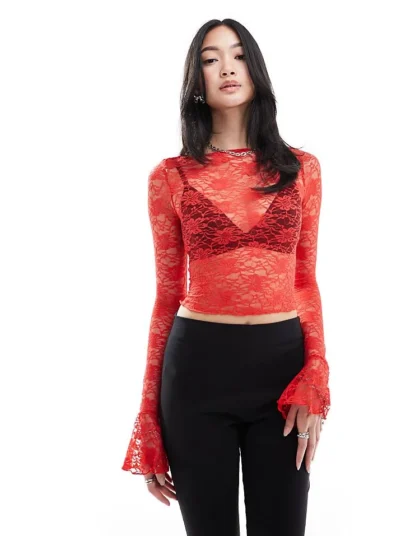 Daisy Street Boat Neck Long Sleeve Lace Top With Tie Sleeves In Red Lace For Women
