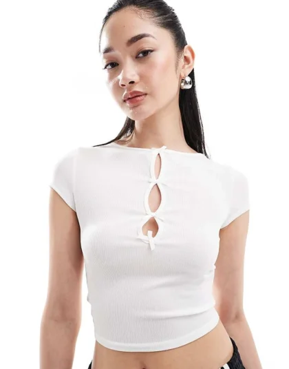 Daisy Street Bow Cut Out Detail Baby Top In Ivory Rib For Women