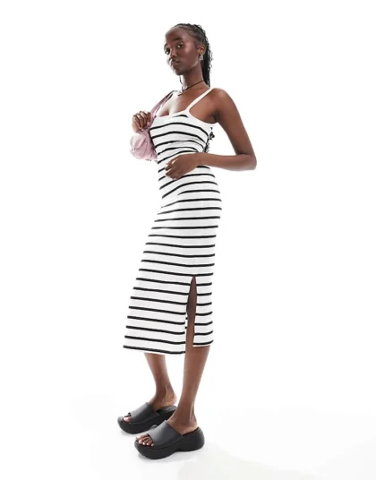 Daisy Street Chunky Strap Midaxi Stripe With Split For Women White Navy Stripe