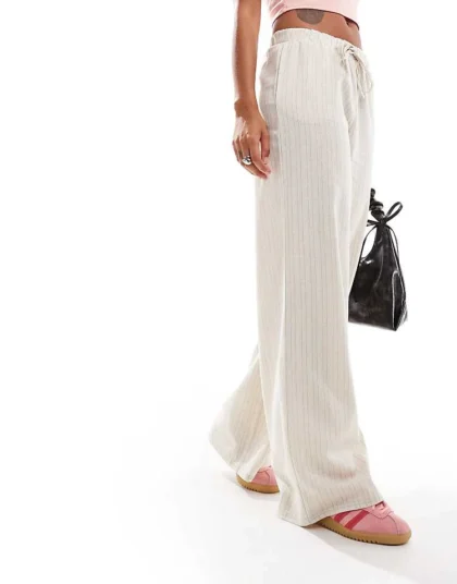 Daisy Street Mid Rise Wide Leg Trouser In Beige Linen Stripe For Women