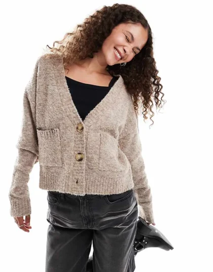 Daisy Street Cropped Boxy Cardigan With Blanket Stitch Detail For Women Beige