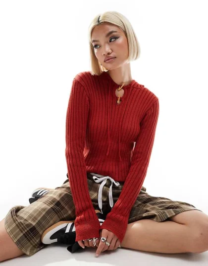 Daisy Street Fitted Pull Over Rib Knit Jumper With Toggle Detail Keyhole For Women Red