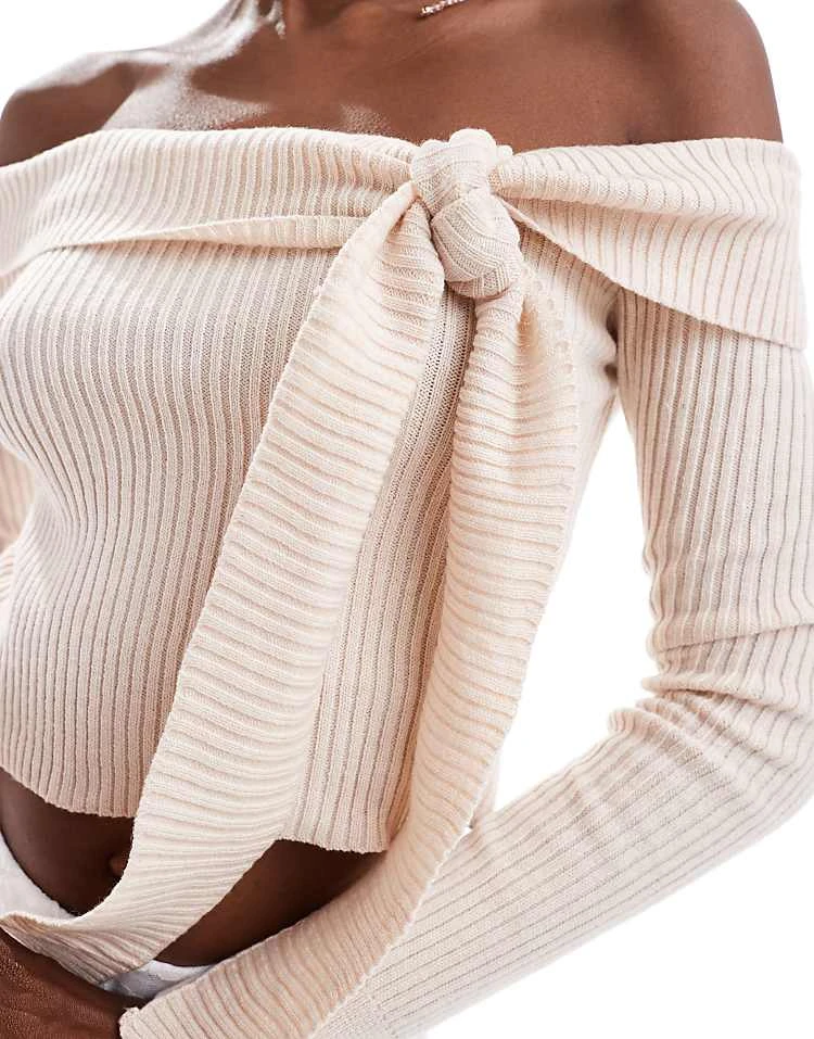 Daisy Street Cream Off The Shoulder Rib Jumper With Tie Detail For Women Beige 3 Daisy Street Cream Off The Shoulder Rib Jumper With Tie Detail For Women Beige - Image 3