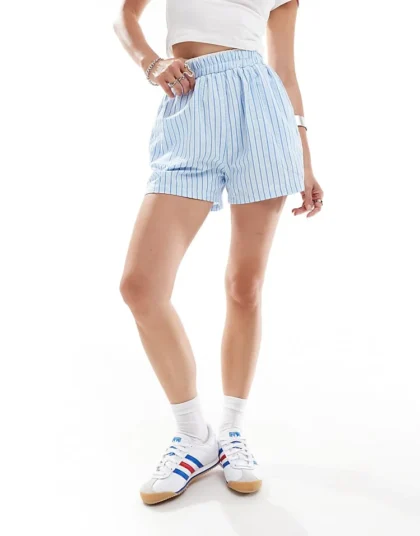 Daisy Street Boxer Waist Detail Boyfriend Shorts In Blue Textured Stripe For Women