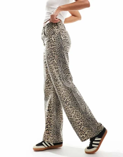 Daisy Street Low Rise Baggy Washed Leopard Print Jeans For Women