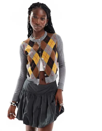 Daisy Street Grey Marl Cardigan Withharlequin Pattern Front Panel For Women