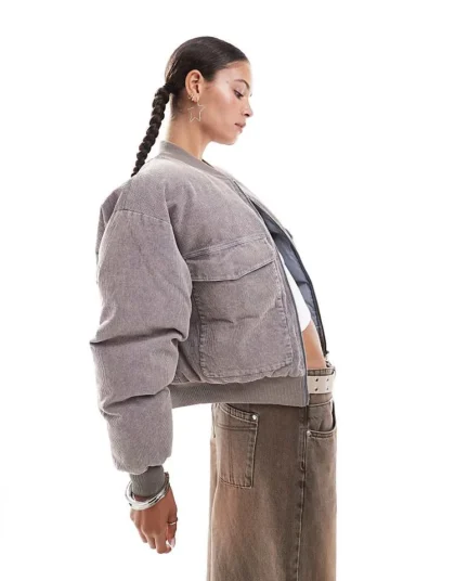 Daisy Street Washed Cord Utility Bomber Jacket For Women Grey