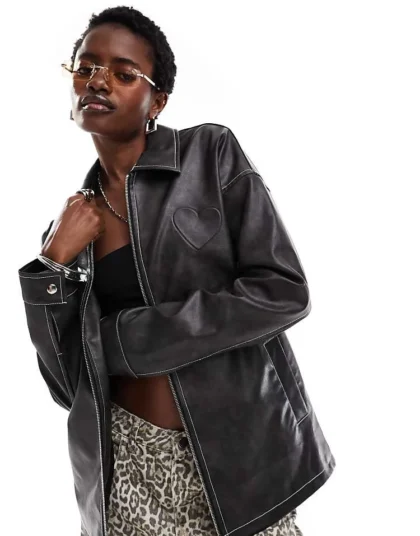 Daisy Street PU Boxy Jacket With Los Angeles Applique For Women Black