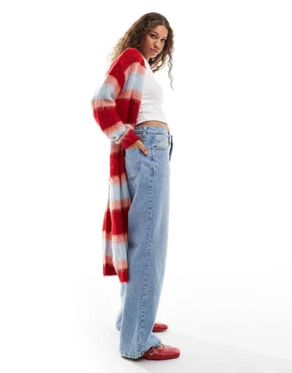 Daisy Street Brushed Chunky Knit Multi Stripe Maxi Cardigan For Women