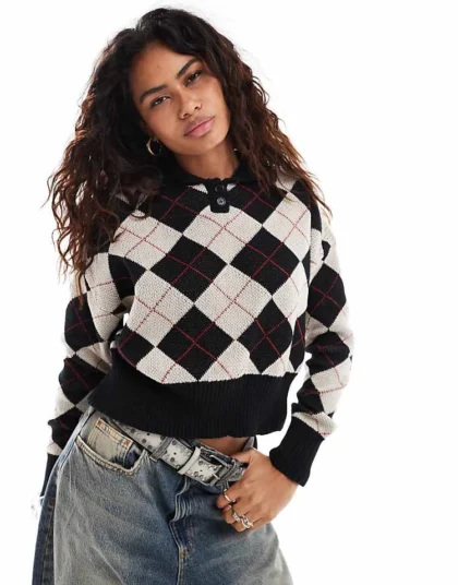 Daisy Street Black And Stone Collared Jumper With All Over Argyle Pattern For Women