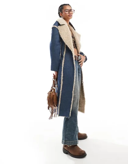 Daisy Street Denim Trench Coat With Frayed Edges And Faux Fur Trim For Women Blue