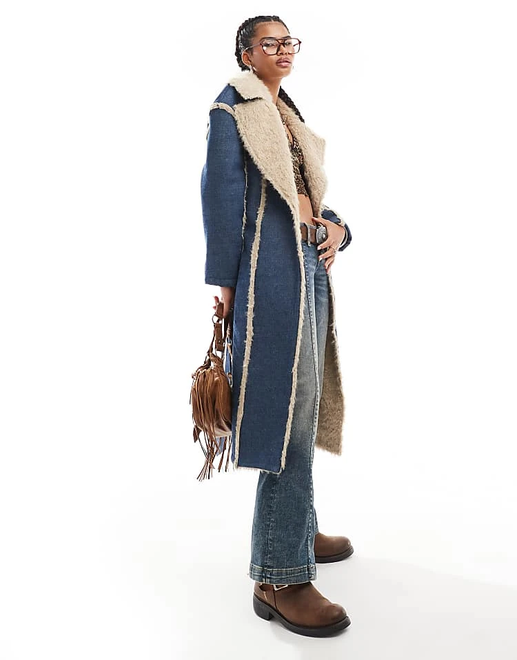 Daisy Street Denim Trench Coat With Frayed Edges And Faux Fur Trim For Women Blue 1 Daisy Street Denim Trench Coat With Frayed Edges And Faux Fur Trim For Women Blue
