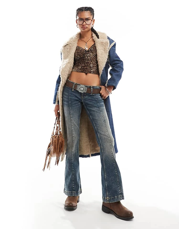 Daisy Street Denim Trench Coat With Frayed Edges And Faux Fur Trim For Women Blue 2 Daisy Street Denim Trench Coat With Frayed Edges And Faux Fur Trim For Women Blue - Image 2