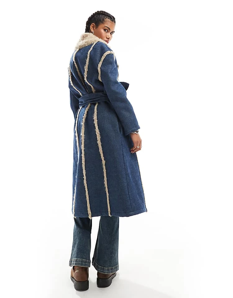 Daisy Street Denim Trench Coat With Frayed Edges And Faux Fur Trim For Women Blue 4 Daisy Street Denim Trench Coat With Frayed Edges And Faux Fur Trim For Women Blue - Image 4
