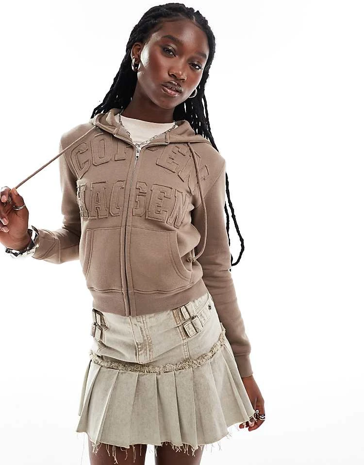 Daisy Street Dasiy Street Zip Up Hoodie With Copenhagen Frayed Applique For Women Brown 2 Daisy Street Dasiy Street Zip Up Hoodie With Copenhagen Frayed Applique For Women Brown - Image 2